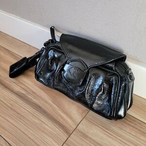 Just Cavalli Patent Leather Flap Dumpling Clutch Wristlet in Black